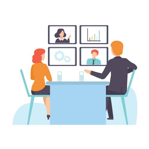 Online Business Meeting, Presentation, Professional Training, People Communicating Via Internet Vector Illustration Online Business Meeting, Presentation, Professional Training, People Communicating Via Internet Vector Illustration on White Background.